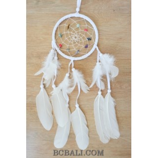 dream catcher net with stone beads feathers white color